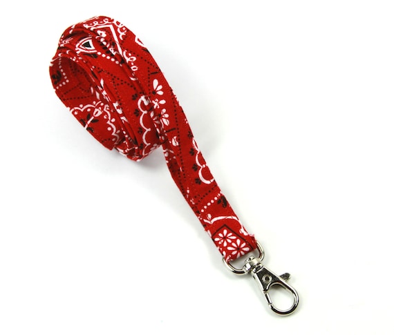 BANDANA Fabric Lanyard, Thin Lanyard, Skinny Badge Holder, Red