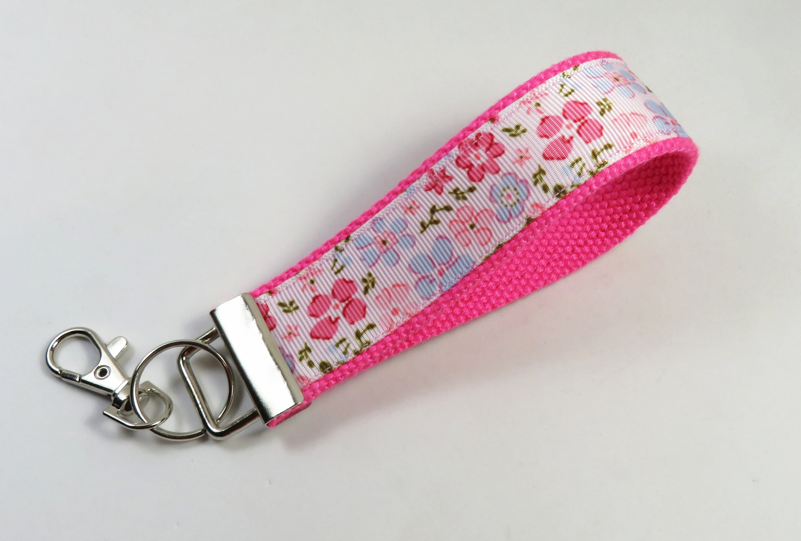 Llavero de tela de poliéster con dos llaveros y gancho de langosta para  llave/identificador/USB (rosa)