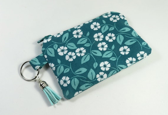 FLOWERS Fabric Coin Pouch Coin Purse Beautiful Teal Color Pouch