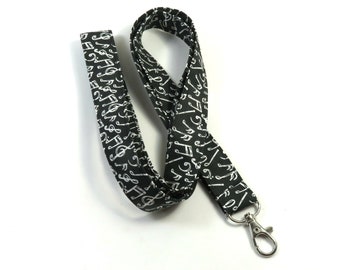 MUSIC fabric lanyard, Music badge holder, Musical notes badge holder, Black and white badge holder, Musical lanyard, Fabric lanyard