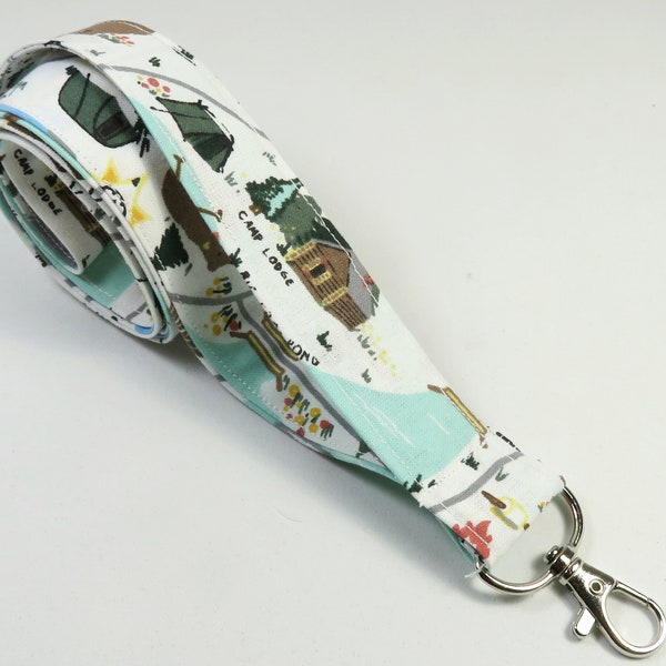 CAMPING fabric lanyard, fabric badge holder, bear design badge holder, camping lodge design lanyard