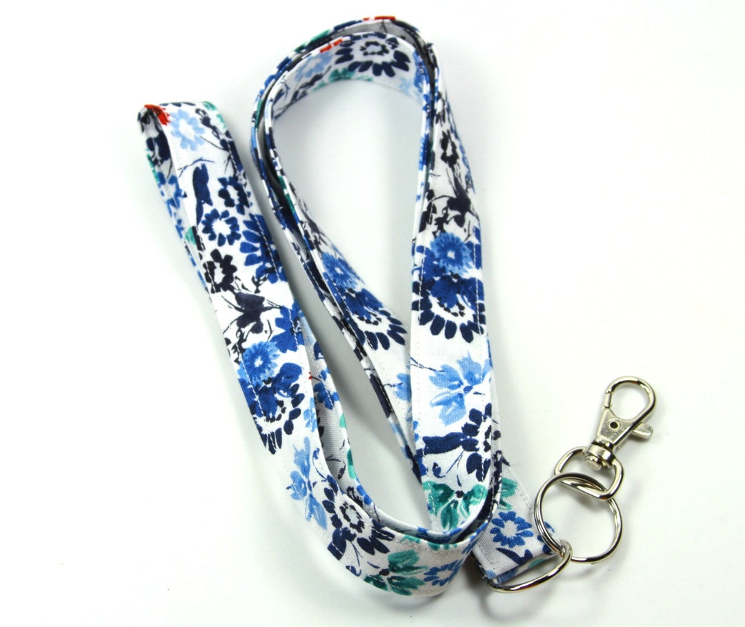 BLUE Fabric Lanyard, Flower Badge Holder, Blue Flower Lanyard, Fabric Badge Holder Etsy