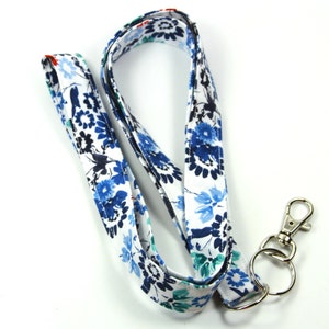 BLUE Fabric lanyard, Flower Badge Holder, Blue Flower Lanyard, Fabric Badge Holder