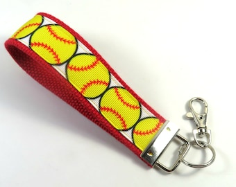 SOFTBALL fabric keyfob, Yellow softball keychain softball lanyard,softball keyholder,Sports keychain, Yellow ball keychain, fabric keyholder