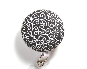 SWIRL fabric button reel, Black and white badge reel, Swirl button badge holder, Rertractable badge reel, Black badge reel, White badge reel