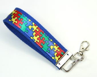 AUTISM Fabric key fob, Puzzle key fob, Puzzle keychain, Autism awareness key fob, Autism awareness wristlet, Awareness key chain