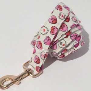 Può includere: Un guinzaglio per cani bianco con un moschettone in metallo dorato. Il guinzaglio è realizzato in tessuto e presenta un motivo a cuori rosa e bianchi con vari messaggi d'amore. I messaggi includono "Kiss", "Be Mine", "I Love You", "Adore" e "Amour".