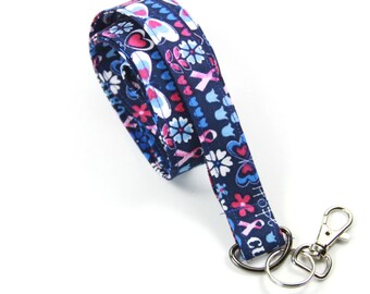 PINK RIBBON Fabric lanyard, Breast Cancer Awareness Lanyard, Pink and Blue Lanyard