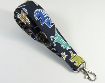 DINOSAUR fabric lanyard, glow in dark dinosaur badge holder, fabric keychain, dinosaur badge holder