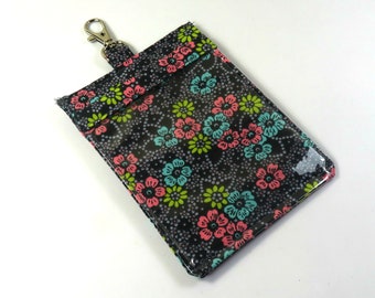 FLOWERS fabric badge holder, Fabric ID holder, Gray pink blue flower badge holder