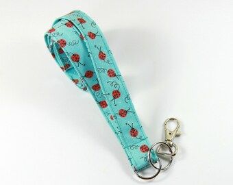 Cordão de tecido LADYBUG, cordão de tecido, porta-crachá de tecido, porta-crachá turquesa, cordão de joaninha