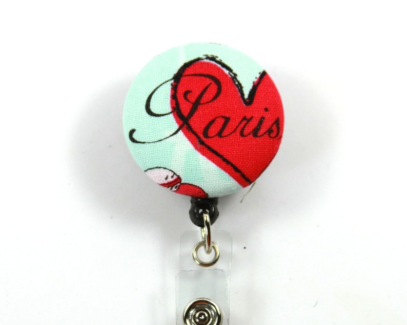 Retractable Badge Holder Paris Badge Holder Paris lanyard Paris Heart Lanyard PARIS Fabric Badge Reel