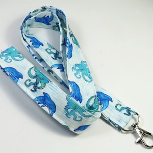 FISCH Stoffband, Ausweis Halter, Badge Halter, Krake Lanyard, Blaues Schlüsselband, DelfinFisch Schlüsselband