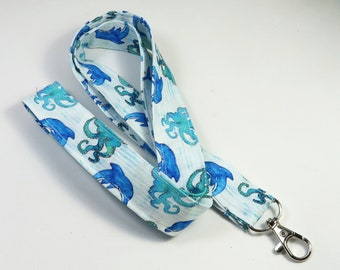 FISH fabric lanyard, ID card holder, badge holder, Octopus lanyard, blue badge holder, dolphin fishes lanyard