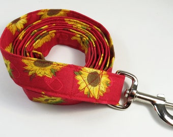 SUNFLOWER dog leash, red leash, Yellow flower leash, fabric dog leash