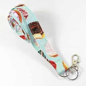 DONUTS fabric lanyard, Donuts badge holder, Sweet lanyard, Blue badge holder, Colorful donuts lanyard