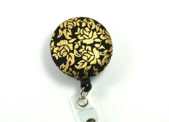 GOLDEN Fabric Button Badge, Retractable Badge Reel, Black and Gold