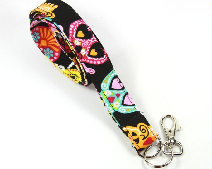 SKULL Fabric Lanyard, Skull Badge Holder, Skull Lanyard, Sugar Skull