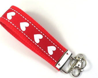 HEARTS fabric key chain, Fabric key fob, Red heart badge holder, Wristlet keychain, Hearts key chain, Heart key fob, Red wristlet, Hearts