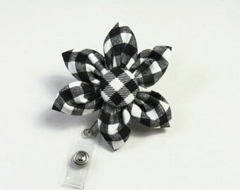 CHECKERS fabric badge reel, fabric flower badge holder, Black and white reel, badge holder retractable badge reel