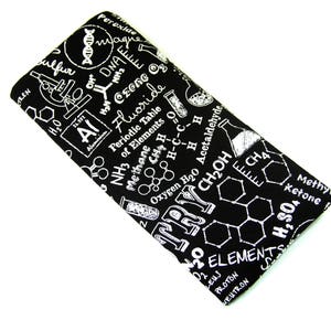 May include: Black and white fabric with a science theme. The fabric features various chemical formulas, diagrams, and scientific terms, including "Periodic Table of Elements", "Ozone", "Fluoride", "Methane", "Oxygen", "Acetaldehyde", "CH2OH", "CH4", "Methyl Ketone", "H2SO4", "DNA", "Sulfur", "Al", "H2O", and "Elements".