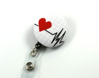 HEART BEAT Badge Reel, EKG Fabric Badge Reel, Button Retractable Badge Reel