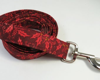 LEAVES fabric dog leash, fabric leash, Holly leaves dog leash, burgundy dog leash, leashes