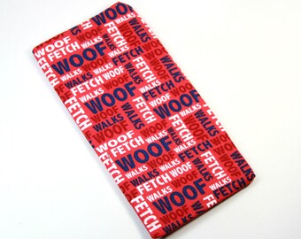 WOOF Fabric bag, Sunglasses Case, Eyeglasses fabric pouch, Pet lovers bag, Pet lovers gift, Dog fabric case, Red fabric bag