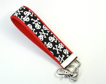 Llavero de tela de cráneo, pulsera calavera, rojo y negro de piel, llavero de calavera