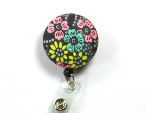 FLOWER Fabric Button reel, Retractable badge Reel, Flower Button Reel, Pink  and Yellow flower reel