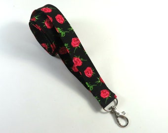 ROSES fabric badge holder, red roses lanyard, roses badge holder, Red badge holder, Red black badge holder, fabric lanyard, roses keychain