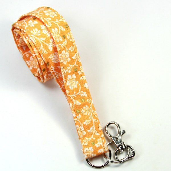 ORANGE flower lanyard, Orange lanyard, Orange badge holder, Floral lanyard, Golden orange lanyard