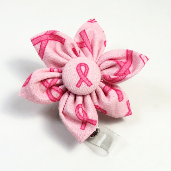 RIBBON fabric badge reel, Cancer awareness badge reel, Pink ribbon badge reel, fabric flower badge reel, retractable badge reel
