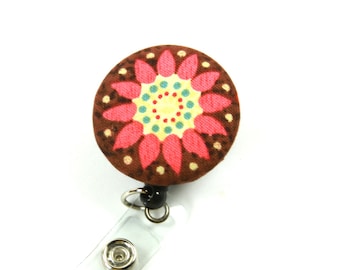 FLORAL Fabric Badge Reel, Retractable badge Reel, Orange flower Badge Holder, Floral Lanyard