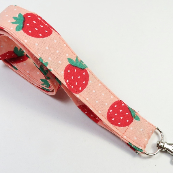 STRAWBERRIES badge holder, fruit lanyard, summer badge holder, red fruit badge holder, strawberry lanyard