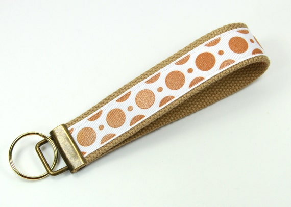 Polka Dot Key Fob Brown Fabric Keychain Pink Orange 