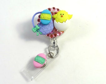 Bobine d'insigne DE EASTER, porte-insigne de poulet, porte-insigne d'oeufs, lanière de Pâques, bobine d'insigne de strass, oeufs colorés avec le support d'insigne de panier