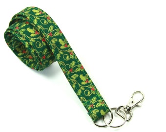 HOLLY LEAVES Fabric lanyard, Christmas Lanyard, Green Holly Leaves Badge holder, Holiday Lanyard, Green badge holder