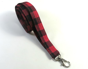 PLAID fabric lanyard, Black red plaid badge holder, skinny lanyard, thin badge holder, Buffalo plaid badge holder, fabric lanyard