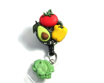 FARM FRESH badge holder, fresh vegetables badge holder, retractable badge holder, Avocado badge holder, Yellow pepper badge holder, Tomatoes