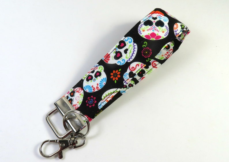 Fabric wristlet SUGARSKULL fabric keychain Skull badge holder skull keychain Sugarskull wristlet