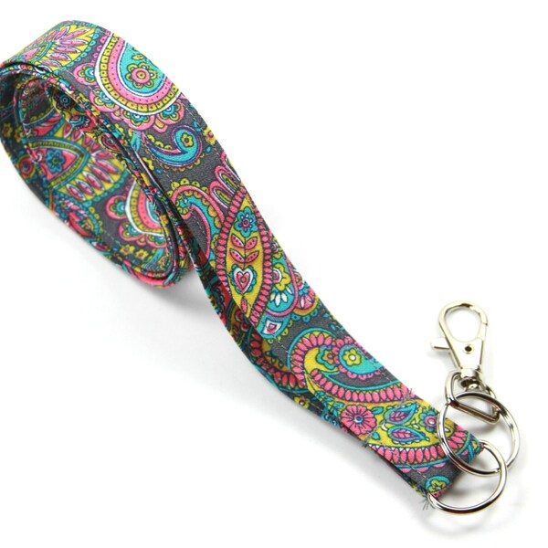 PAISLEY Fabric Lanyard, Gray Fabric Lanyard, Pink Flowers Lanyard, Gray and Pink Lanyard