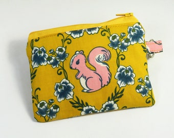 SQUIRREL fabric coin purse, coin pouch, cute pink squirrel bag, flower design bags, zipper pouch