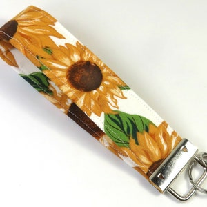 SUNFLOWER fabric badge holder, fabric keyfob, Sunflower keychain, sunflower wristlet, sunflower badge,floral wristlet,Yellow flower keychain image 1