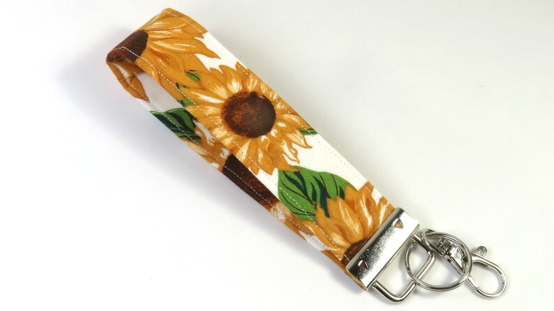 SUNFLOWER fabric badge holder, fabric keyfob, Sunflower keychain, sunflower wristlet, sunflower badge,floral wristlet,Yellow flower keychain image 1