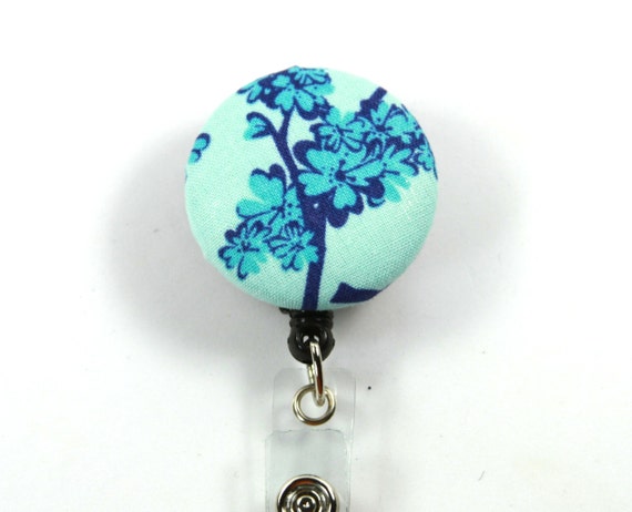 TURQUOISE Flower Fabric Button Badge, Retractable Badge Reel