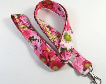 FLOWER fabric lanyard, Pink flower badge holder, floral lanyard, spring flower lanyard