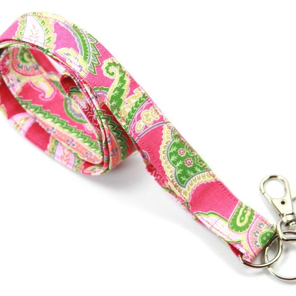 PINK Fabric Lanyard, Pink Badge Holder, Paisley Badge Holder, Pink Fabric lanyard