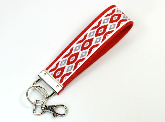 LACE Fabric Key Fob, Fabric Wristlet, Red and Gray Key Chain, Red