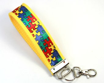 PUZZLE Fabric Key fob, Autism Awareness Key fob, Autism Puzzle key chain, Colorful Wristlet, Puzzle keychain